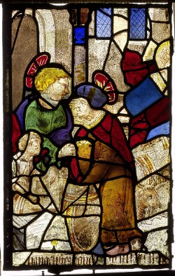 Vitrail remployé dans l’église Saint-Pierre de Chartres - n° 17 - Les évangélistes rangeant les barriques