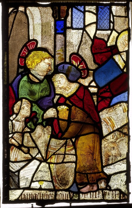 Vitrail remployé dans l’église Saint-Pierre de Chartres - n° 17 - Les évangélistes rangeant les barriques